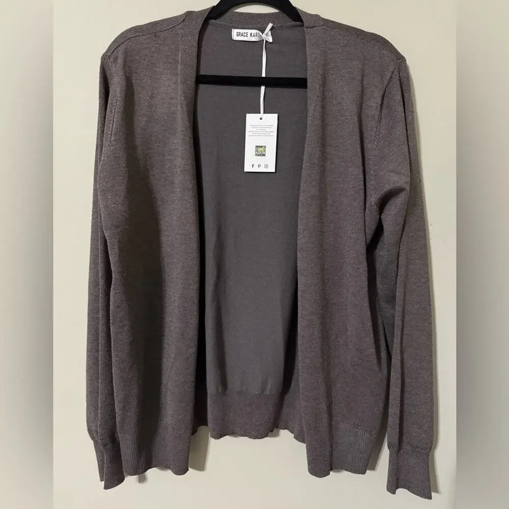 GRACE KARIN size XL brown open front button up soft knit cardigan long sleeve - Picture 12 of 12